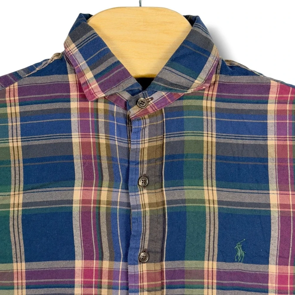 Polo Ralph Lauren Button Down Flannel Shirt Mens Small Blue Plaid Cotton Pony